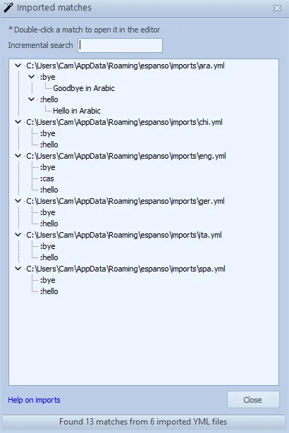 Imported matches dialog
